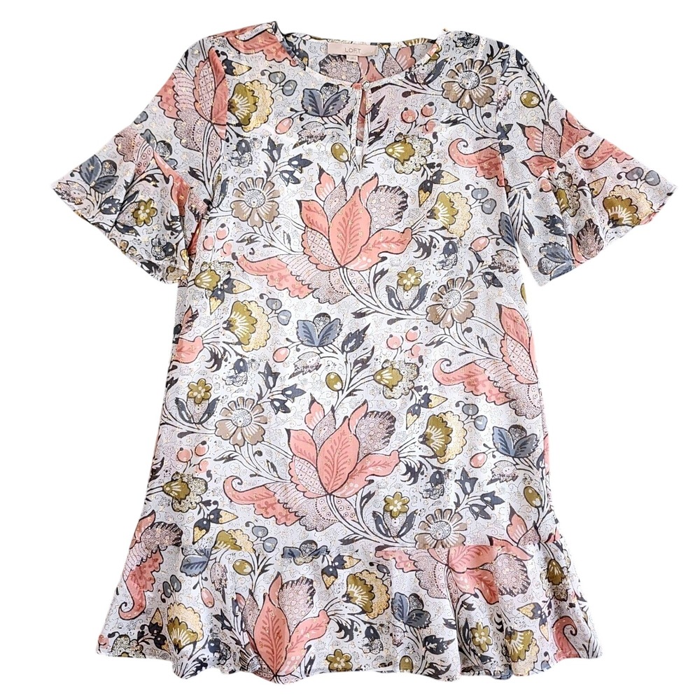 LOFT Floral Dress Womens Small Pink Gold Metallic Keyhole Bell Sleeve Boho Shift